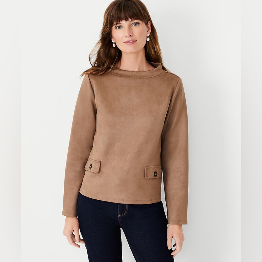 NWOT Women's Ann Taylor Faux Suede Button Trim‎ Top Brown XS Sophisticated Chic